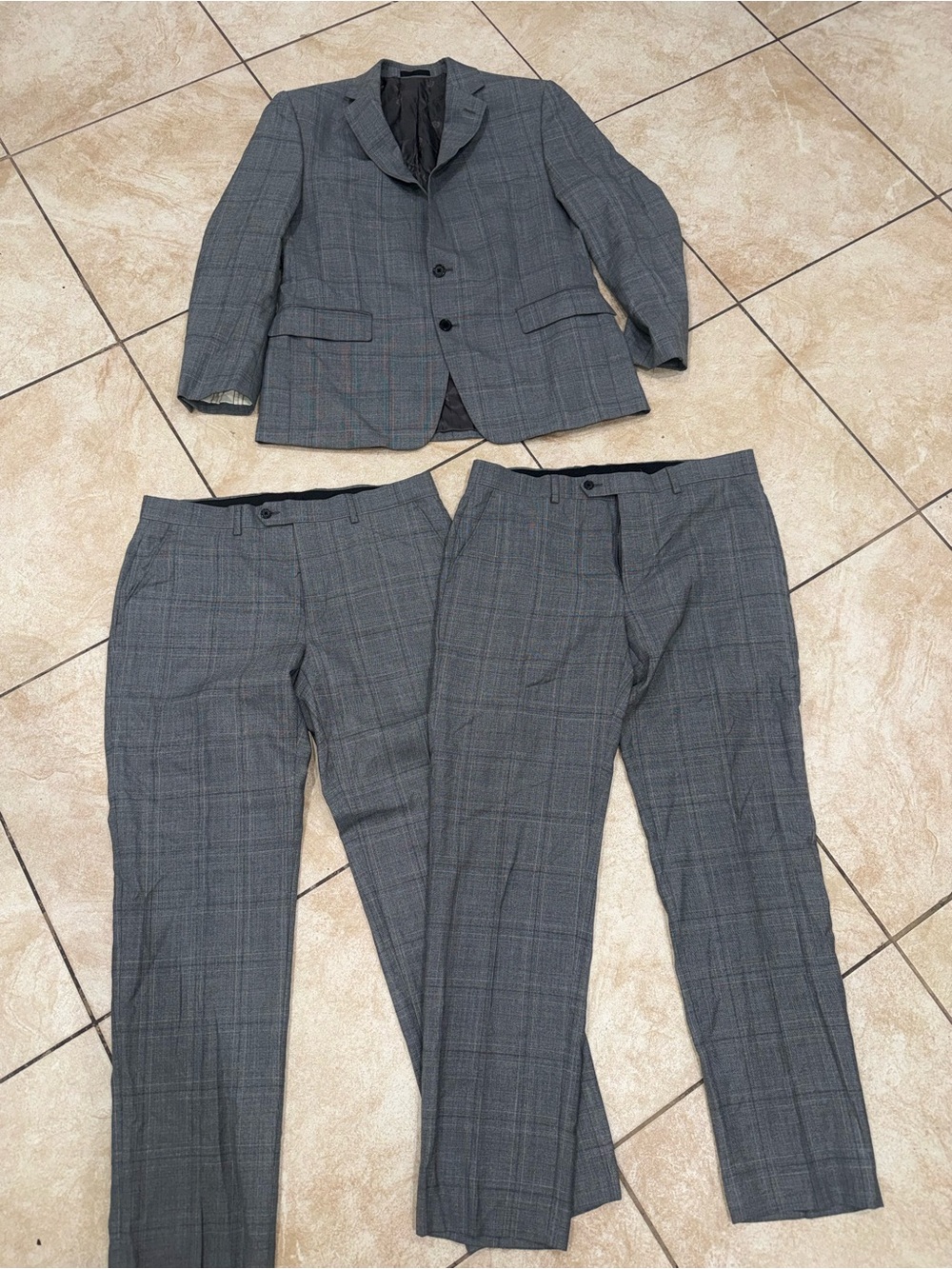 Ralph Lauren 3 Piece Gray Wool Plaid Suit Jacket with Two Matching Trousers
